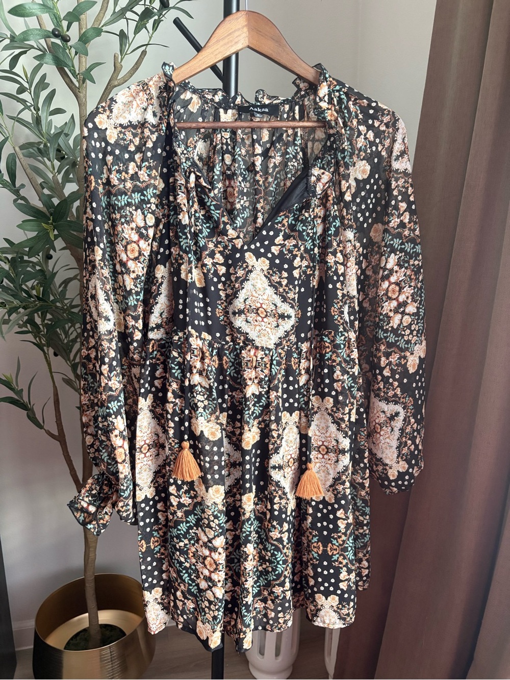 Aakaa Black Floral Long Sleeve Boho Dress with Cream & Green Accents